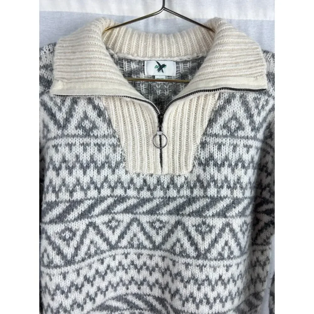 Aerie Sweater Fair Isle Oversized Quarter Zip Pullover Winter Nordic Chunky Cozy - Picture 2 of 6